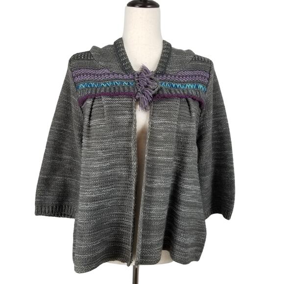 Lulumari Crochet 1 Button Gray Purple Sweater Funky BOHO Hooded Nice Size M - Picture 1 of 8